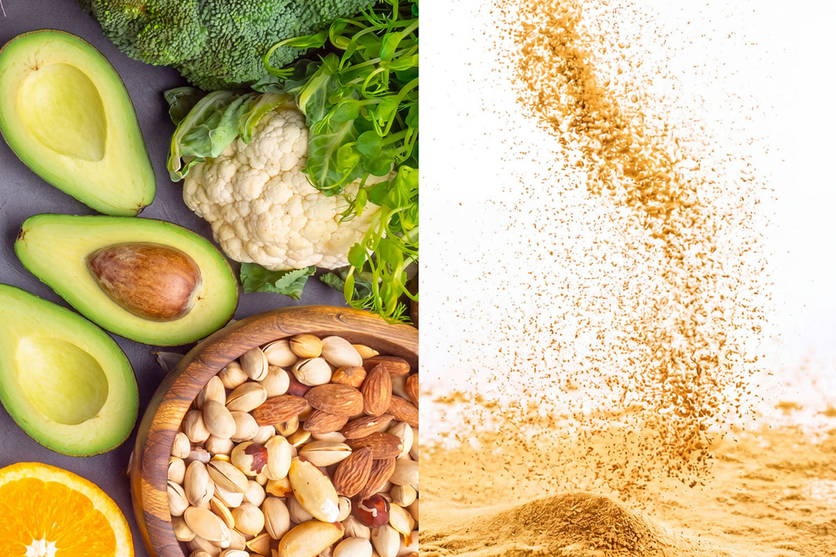 split editorial of image of foods containing CoQ10 on left and then coenzyme q10 powder on right