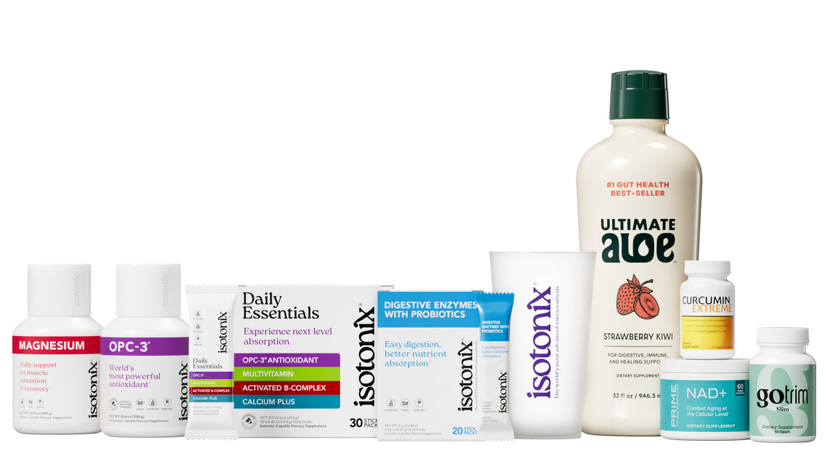 A collection of health and wellness products from Isotonix and Gotrim, including supplements like Magnesium, OPC-3, Daily Essentials, Digestive Enzymes, Ultimate Aloe, Curcumin, NAD+ Complex, and Gotrim, arranged on a plain white background.