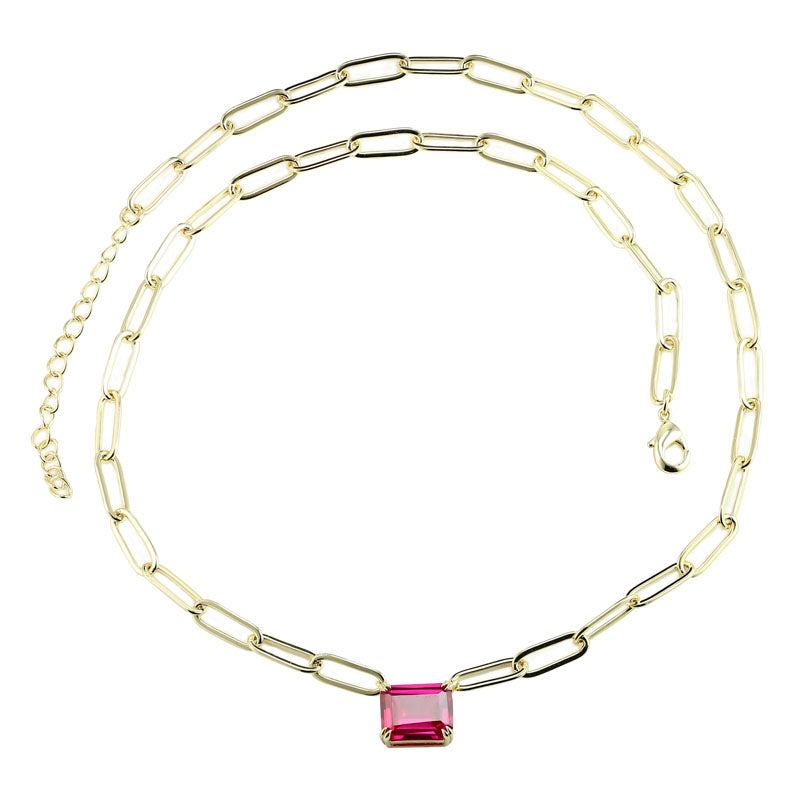 Layered SCARLETT - Petite Solitaire Paperclip Necklace, gold with pink gem
