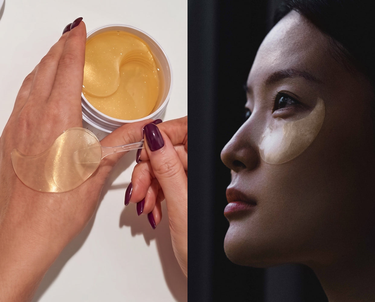 split editorial of eye revive gel on hand with applicator on left and woman wearing eye gel on right 