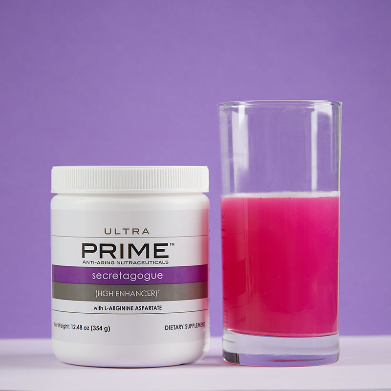 Prime Ultra Secretagogue - HGH Enhancer, showing product added to water in a glass