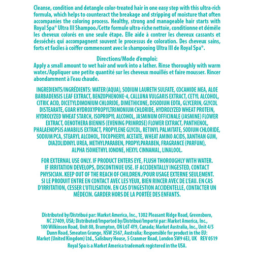 Roya Spa Ultra III Shampoo (for Chemically Treated Hair) Product Label. See Product Label Details section further below.