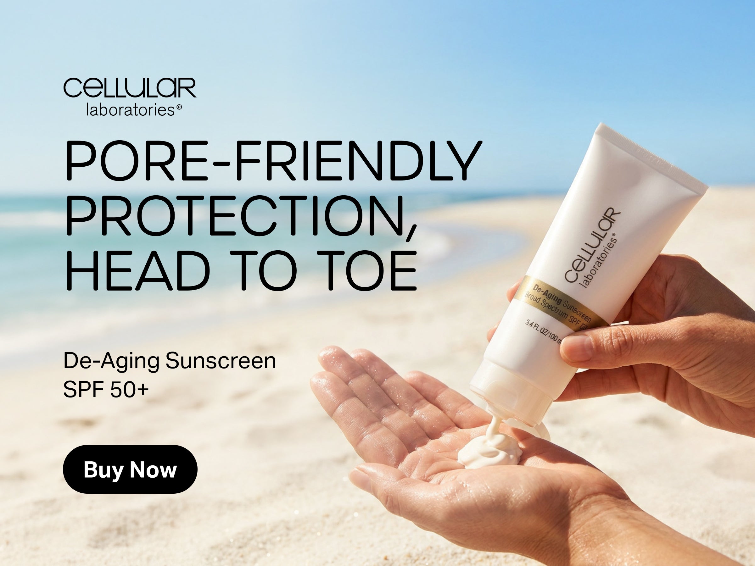 A hand holds a tube of Cellular Laboratories Pore-Friendly Protection, Head to Toe De-Aging Sunscreen SPF 50+ sunscreen, with white cream being squeezed onto another hand, set against a blurred beach background.