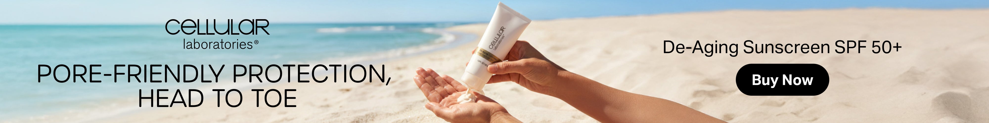 A beach scene with a person holding a sunscreen tube, with text overlays reading 'Cellular Laboratories' and 'Pore-Friendly Protection, Head to Toe' alongside 'De-Aging Sunscreen SPF 50+' and a 'Buy Now' button.