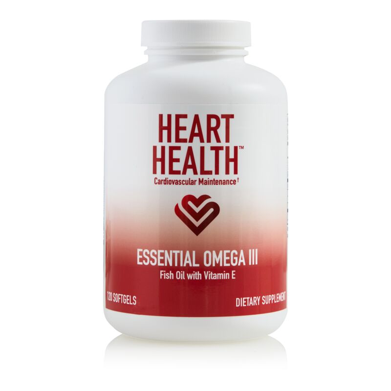 Supplement bottle labeled 'Heart Health Essential Omega III' on a white background