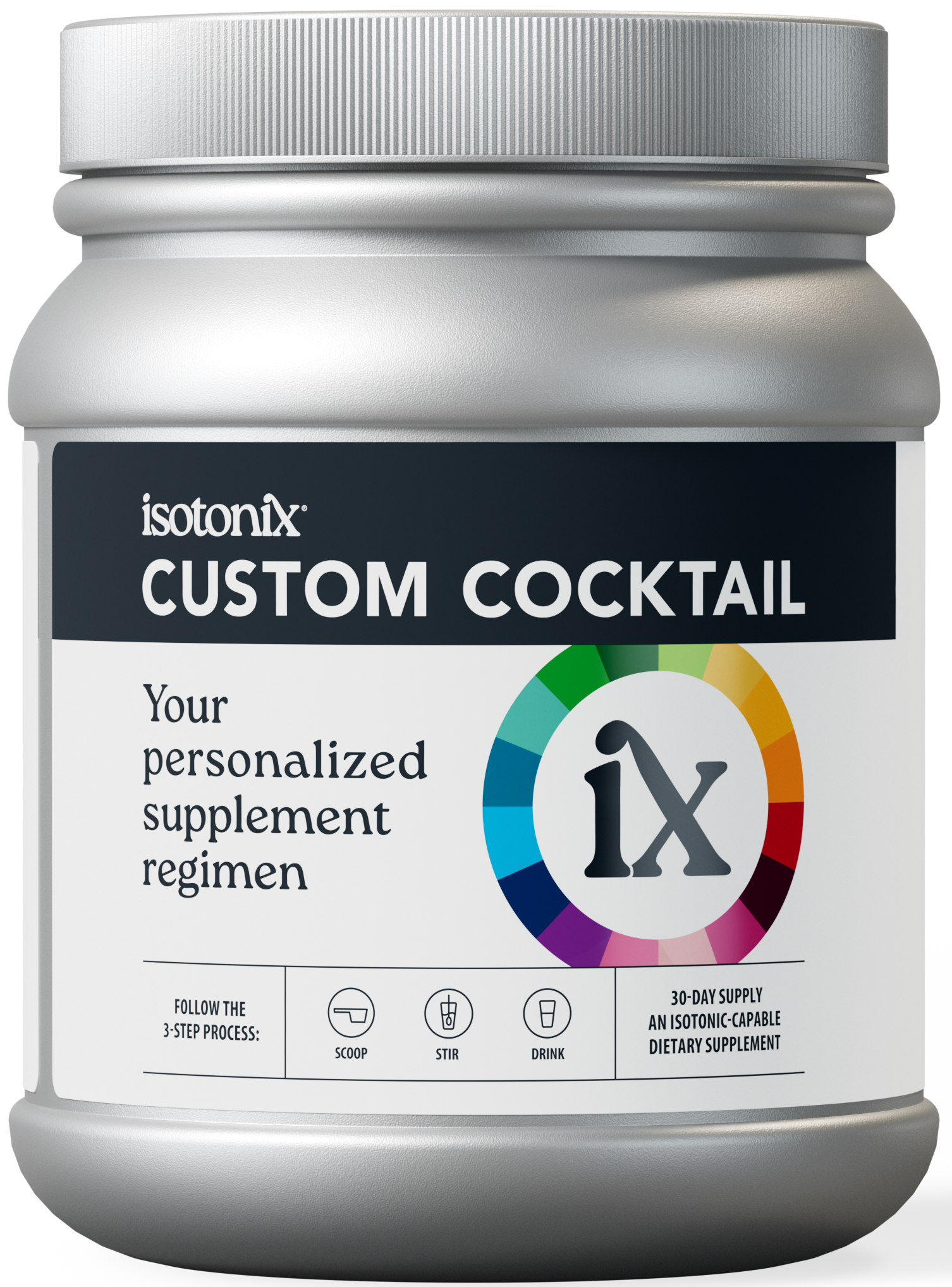 A silver plastic supplement jar labeled 'isotonix CUSTOM COCKTAIL' on a clean white background.
