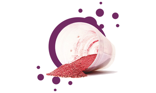 Pink glitter spilling out of a white container with a purple circle on a white background