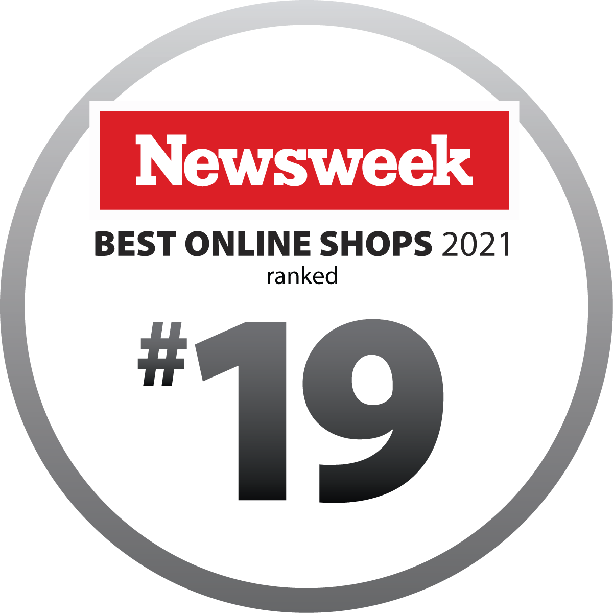 Newsweek Best Online Shops 2021 badge showing '#19' inside a circular design with a red Newsweek logo and black text on a white background.