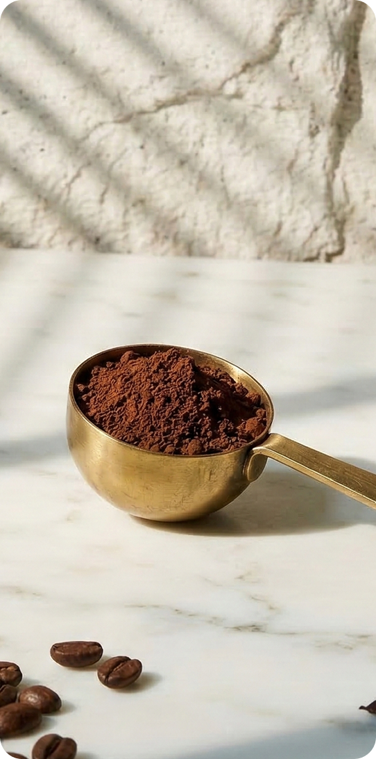 A brass scoop filled with dark brown ground coffee sits on a white marble surface with scattered coffee beans and a textured wall in the background.