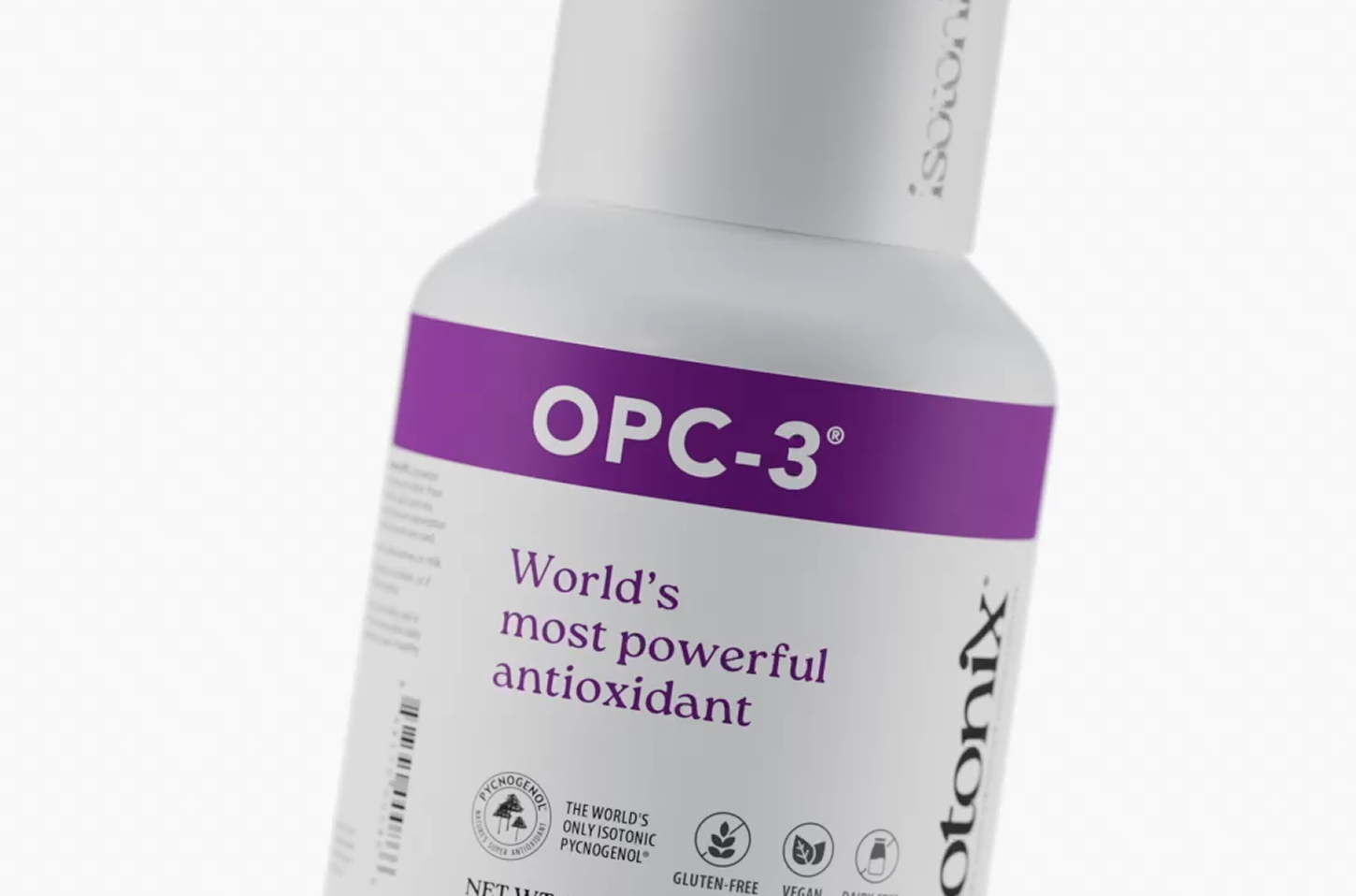 OPC-3 supplement bottle with purple label on a white background