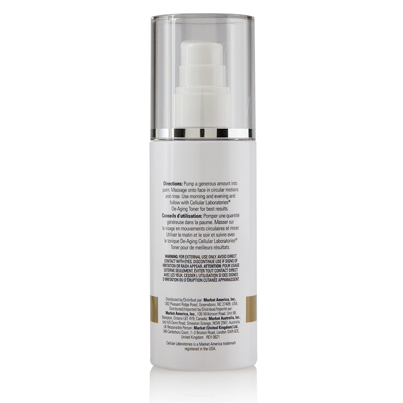 Cellular Laboratories De-Aging Facial Cleanser Product Label. See Product Label Details section further below.