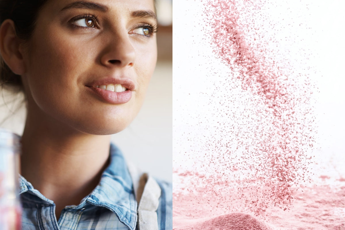 split editorial of image of a woman holding a glass on left and falling pink powder on right