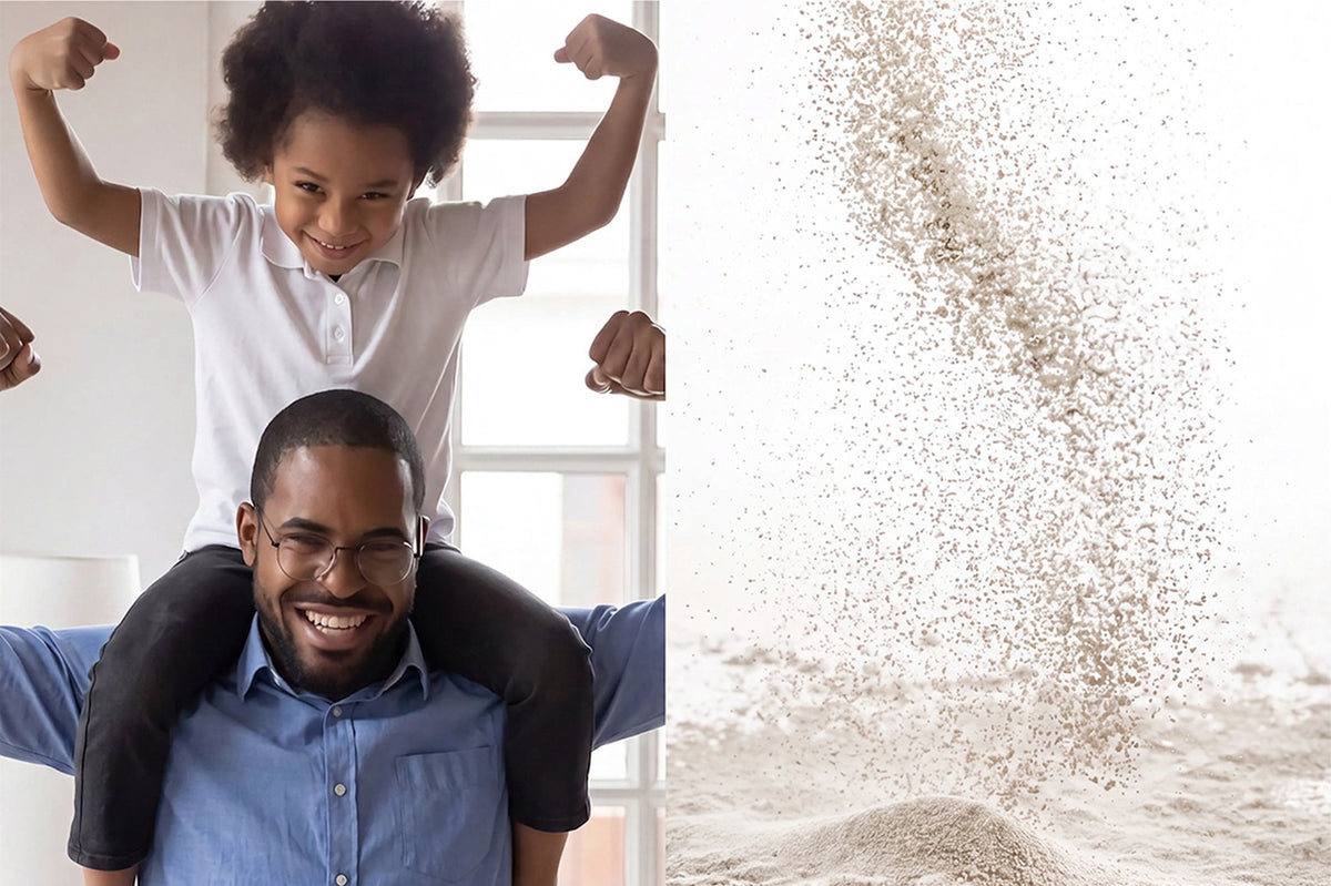 split editorial of image of father and son flexing muscles on left and and calcium powder falling on right
