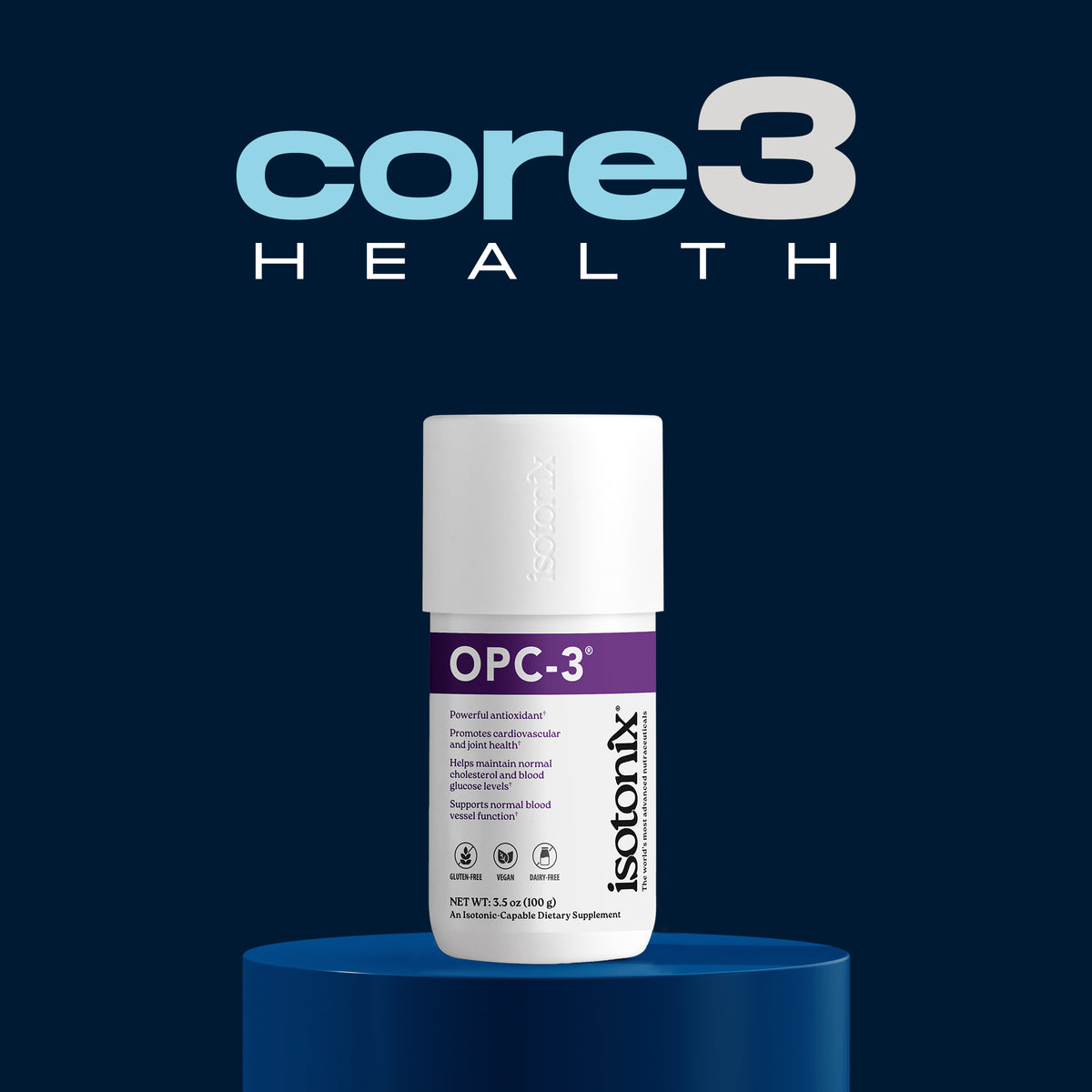 US_Core_3_Health_Isotonix_OPC3_100g_Bottle_Podium_dark_blue_wLogo_0125 - media