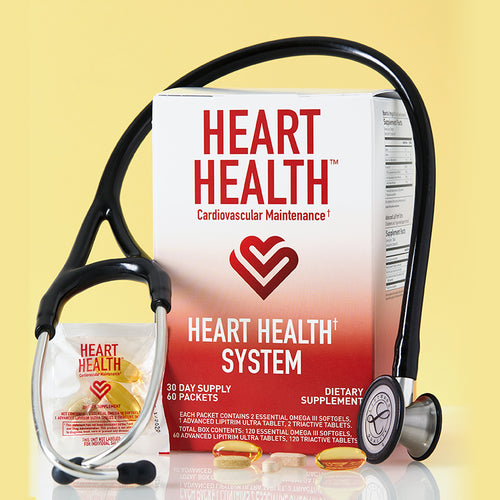 Heart Health System, with stethiscope, one packet and loose caplets at bottom