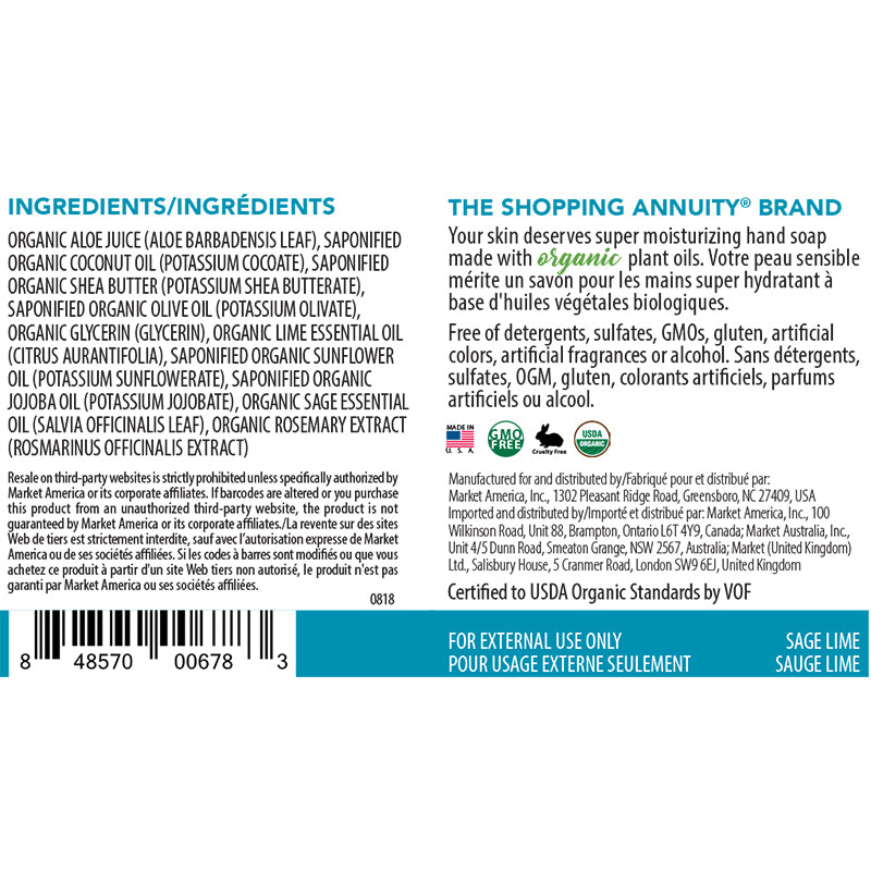 Shopping Annuity Brand Organic Foaming Hand Soap Product Label. See Product Label Details section further below.