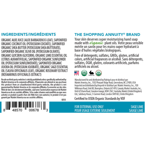 Shopping Annuity Brand Organic Foaming Hand Soap Product Label. See Product Label Details section further below.