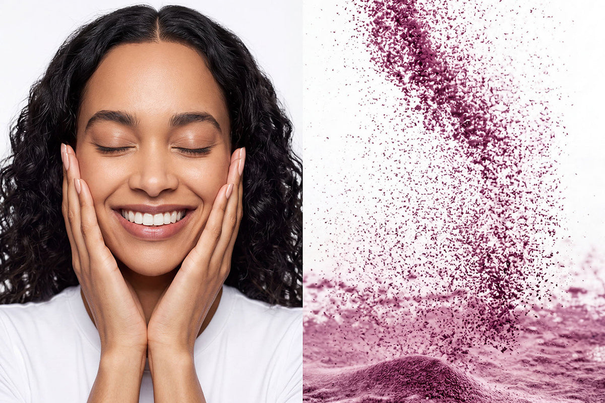 split editorial of woman with her hands on her face smiling on left and then isotonix opc 3 beauty blend powder falling on right