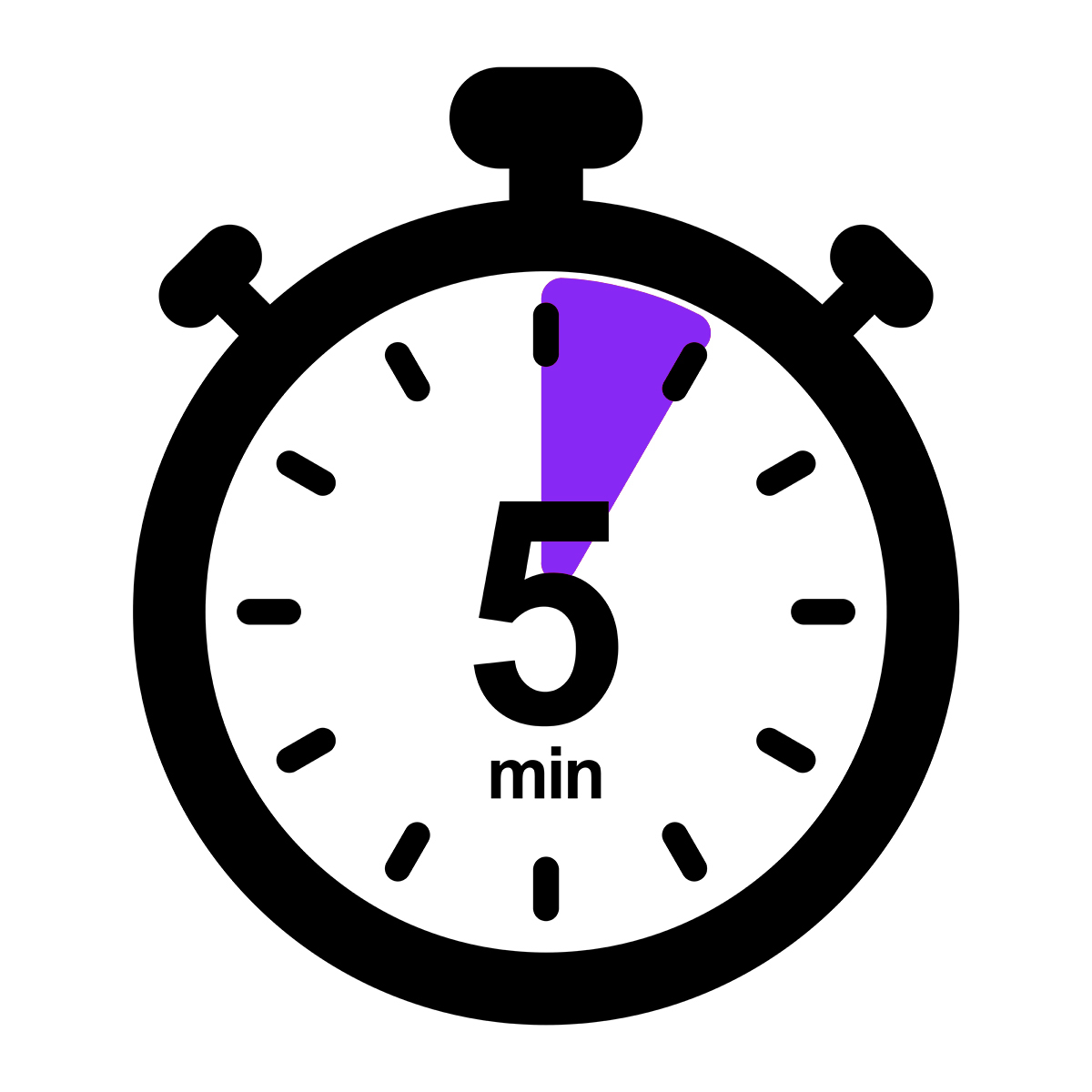 Black stopwatch with a purple marker on a white background, indicating 5 minutes.