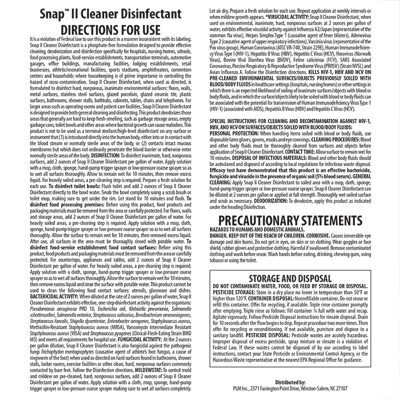 Snap II Cleaner Disinfectant Product Label. See Product Label Details section further below.