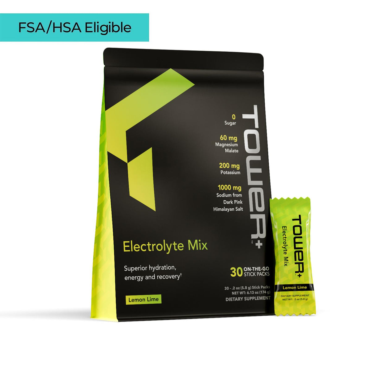 Tower+ Electrolyte Mix package with a yellow stick pack on a white background