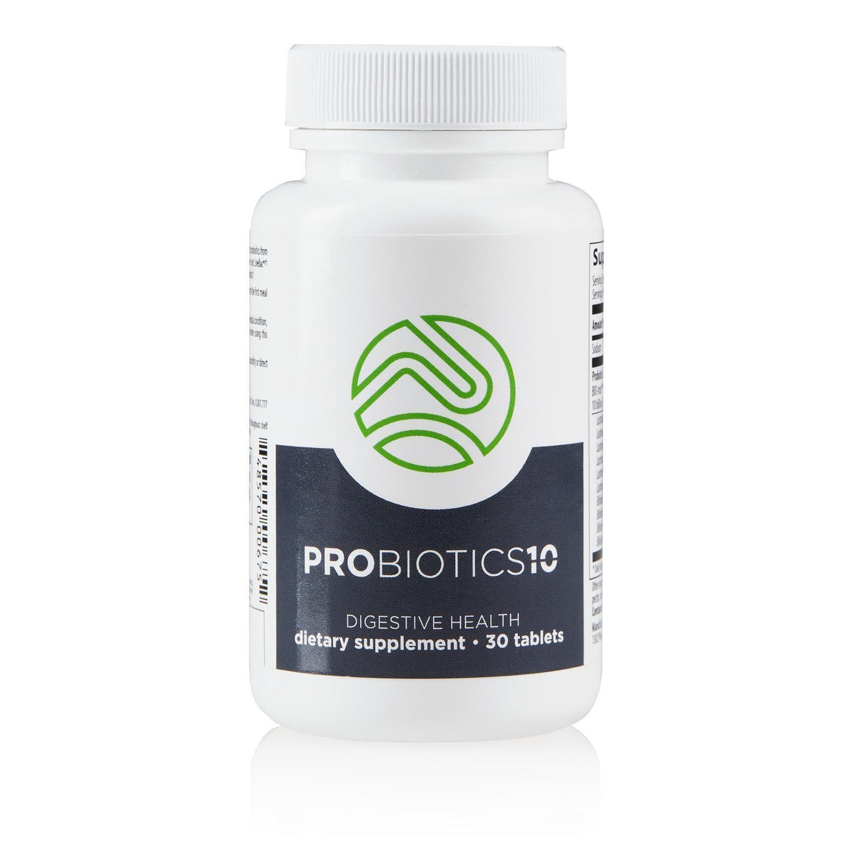 Probiotics dietary supplement bottle with a white label on a white background
