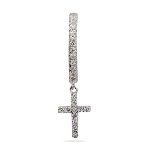 Closeup of Layered Brandi - Cross Huggie Earring in silver, front view