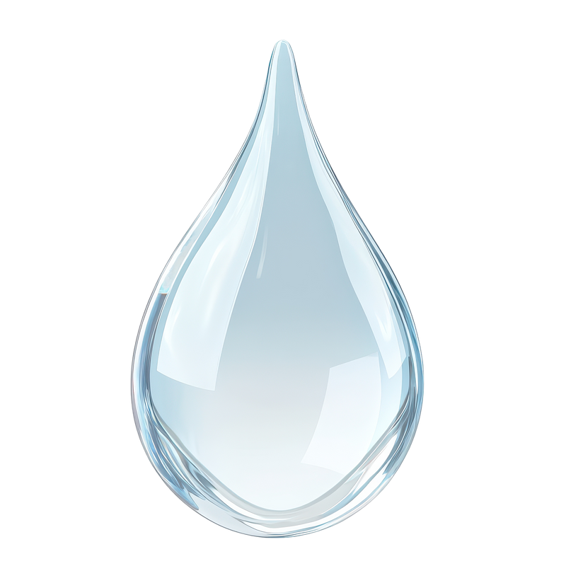 A single teardrop-shaped clear glass droplet with soft blue-gray shading and glossy highlights, centered on a solid black background.