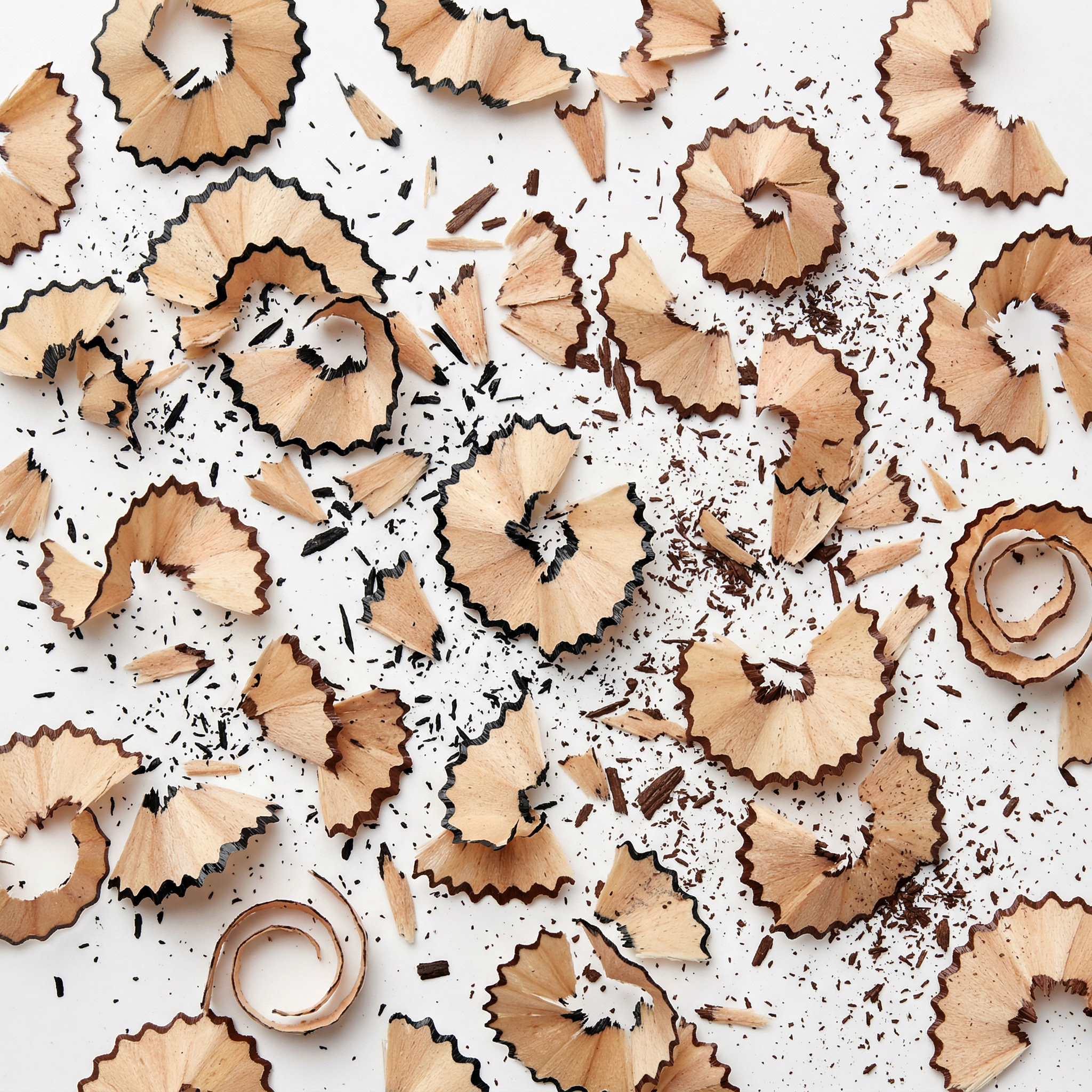 Scattered pencil shavings on a white background