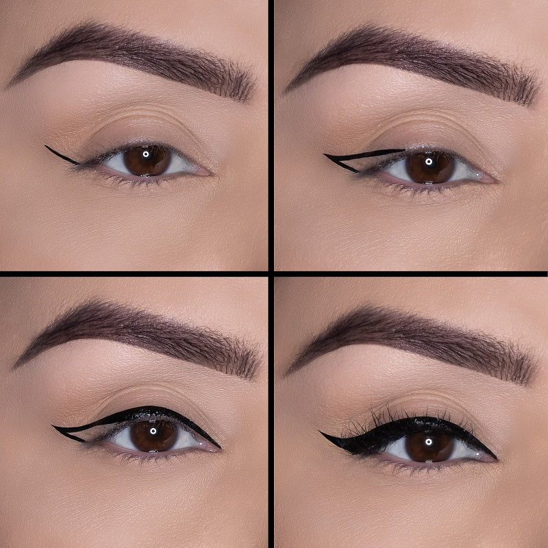 Model in 4  different stages of Motives Precisely The Point Eye Line application