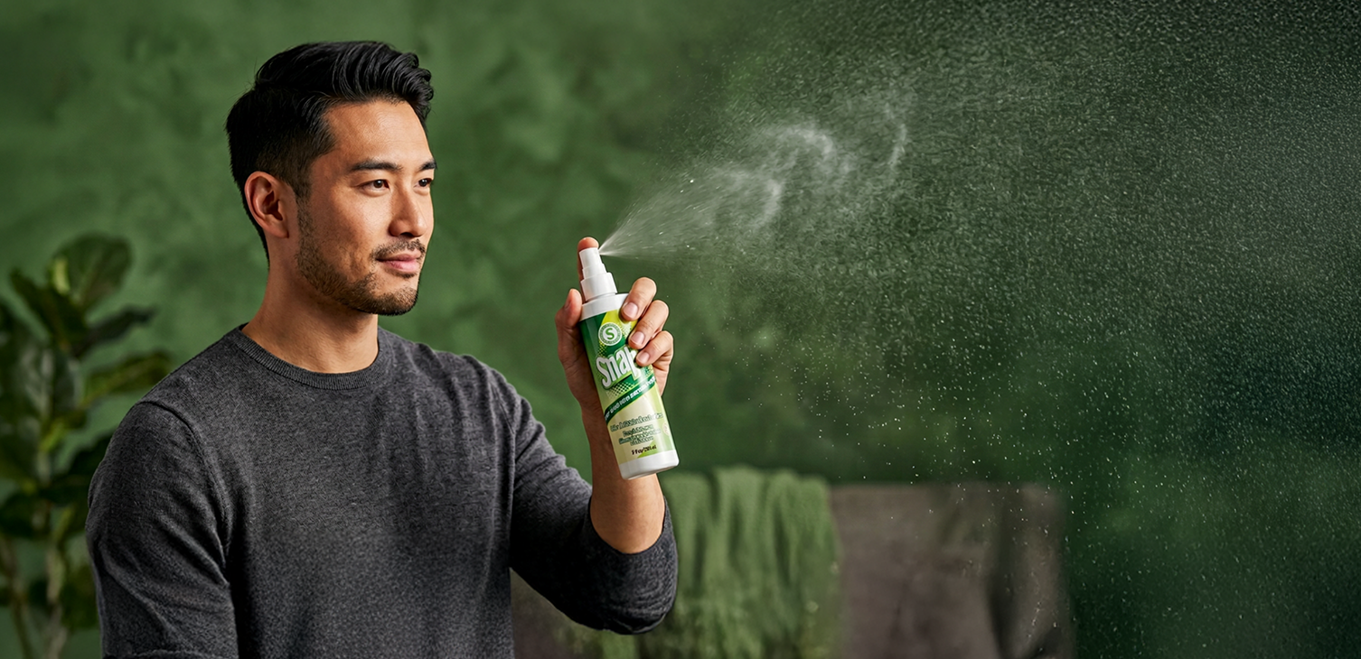 A man wearing a dark gray long-sleeve shirt holds a green and white spray bottle and sprays a fine mist into the air against a dark green textured background.