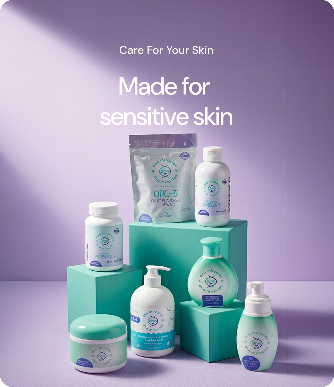 Collection of skincare products on a purple background with text 'Care For Your Skin Made for sensitive skin'.