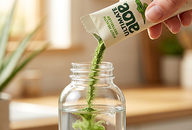 Hand pouring a green liquid from a tube labeled 'Zoe' into a glass jar.
