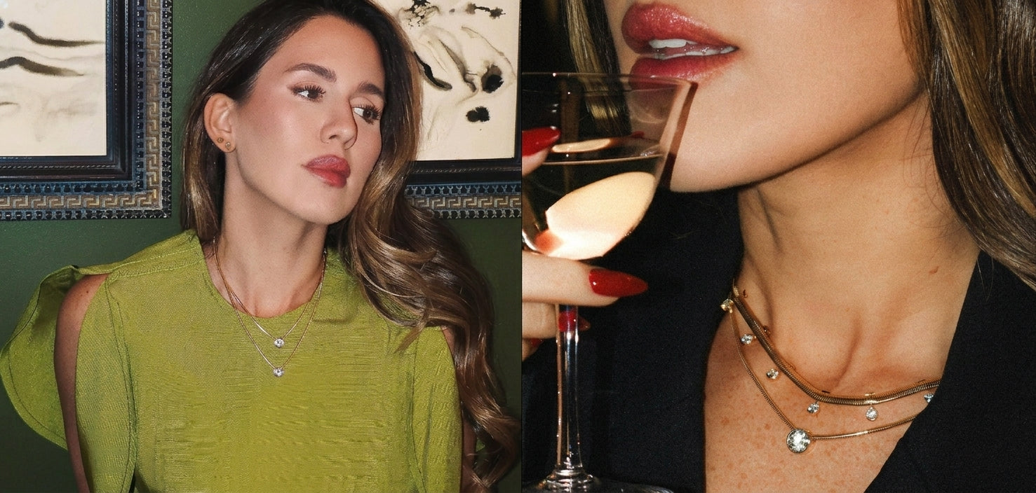 A split-screen lifestyle image showcasing a woman wearing layered gold necklaces. The left panel shows her wearing a textured olive green top and a delicate silver necklace.