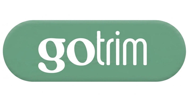 A green rounded button or badge with the white lowercase text 'gotrim' centered on a light gray background.