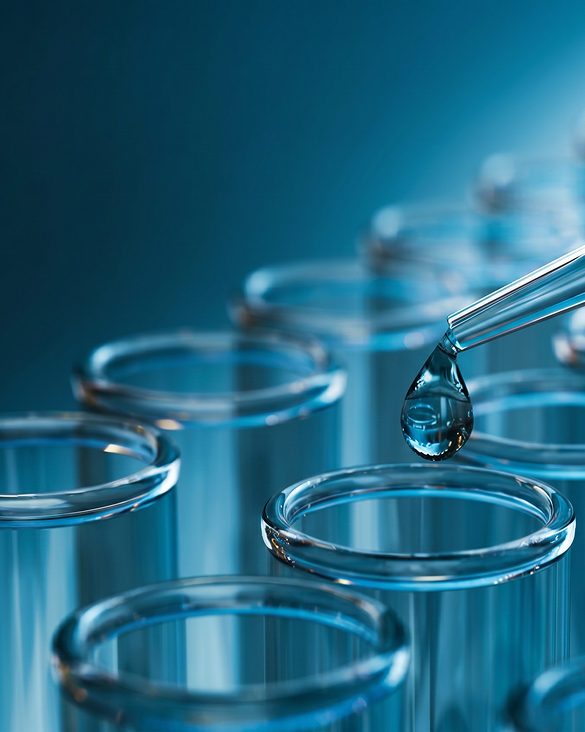 A close-up scientific photograph of a glass pipette dispensing a clear liquid drop into a row of empty glass test tubes against a blue gradient background.