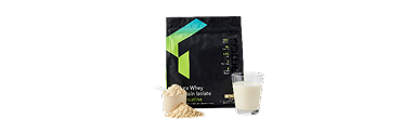Whey protein powder package with a glass of milk on a white background
