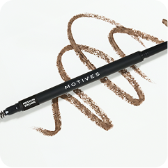 A black MOTIVES eyeshadow pencil with a metallic bronze shimmer formula, shown diagonally with a textured zig-zag swatch of the eyeshadow on a clean white background.