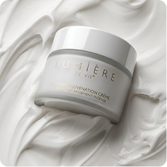 A white cosmetic cream jar labeled 'LUMIÈRE DE VIP' resting on a glossy, swirled white cream background.
