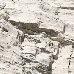 A close-up view of light gray to off-white rock or stone texture with layered, rough surfaces and natural crevices.