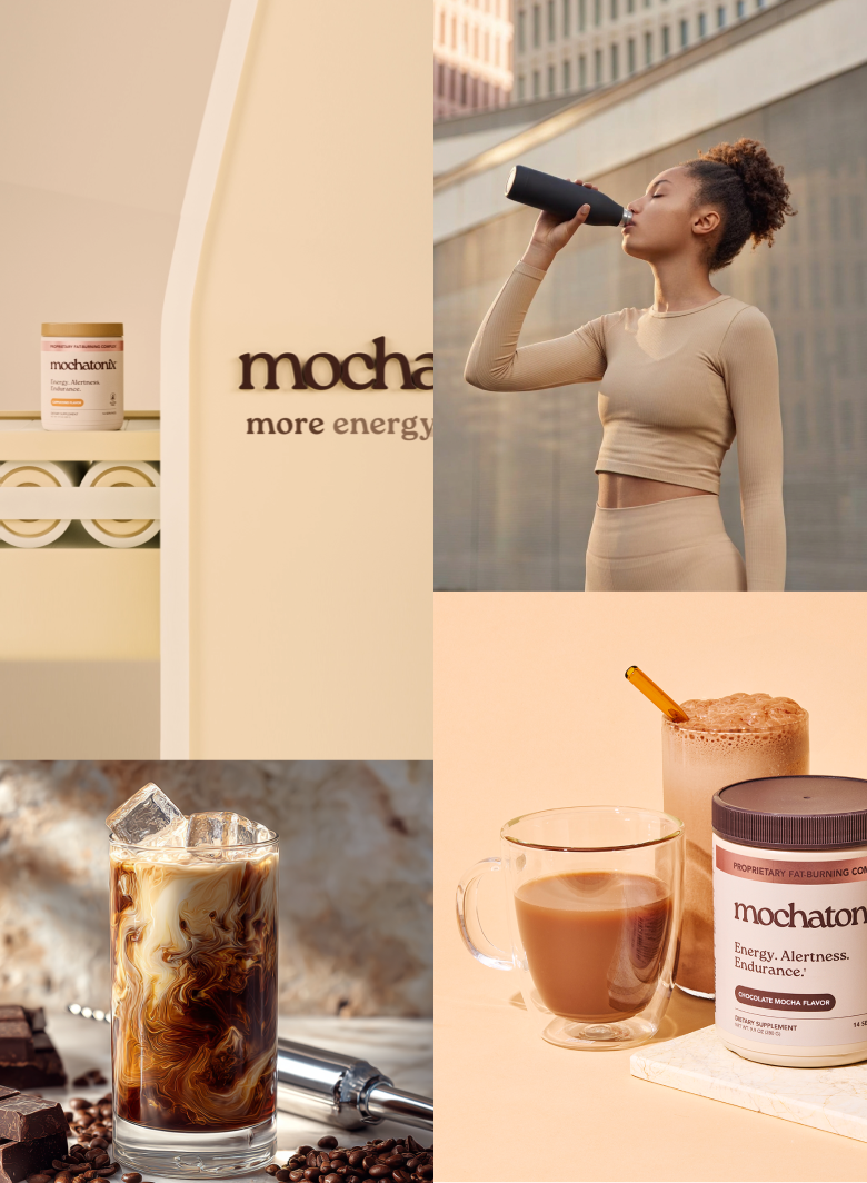Collage of images featuring mocha products and a person drinking from a bottle.
