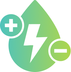 A green and teal gradient droplet icon with a white lightning bolt in the center, plus a teal circle with a white plus sign on the left and a teal circle with a white minus sign on the right.