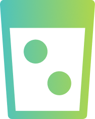 A stylized green-to-teal gradient icon of a cup with two circular dots inside, on a black background.