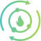 A circular graphic icon featuring a blue water droplet in the center, surrounded by three curved green arrows forming a recycling loop, set against a solid black background.