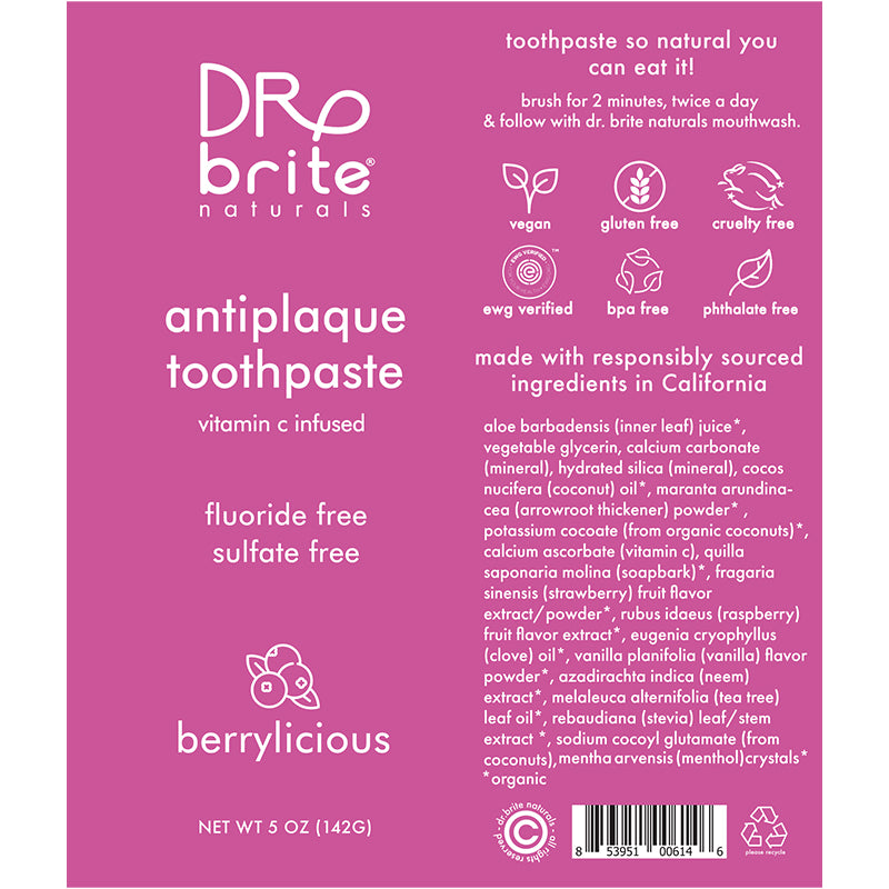Dr. Brite Kids Anti-Plaque Toothpaste with Vitamin C Product Label. See Product Label Details section further below.