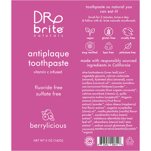 Dr. Brite Kids Anti-Plaque Toothpaste with Vitamin C Product Label. See Product Label Details section further below.