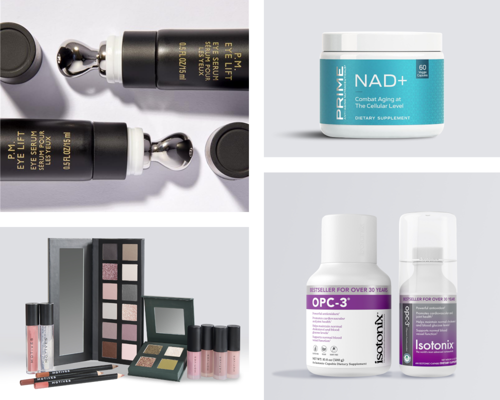 A four-panel collage showing beauty and skincare products: two black eye-lifting cosmetic tubes with gold lettering, a white jar labeled PRIME NAD+ with a bright blue label, a makeup palette with eyeshadows, lip glosses, pencils, and a mirror, and two white bottles labeled OPC-3 and Isotonix on a light gray background.