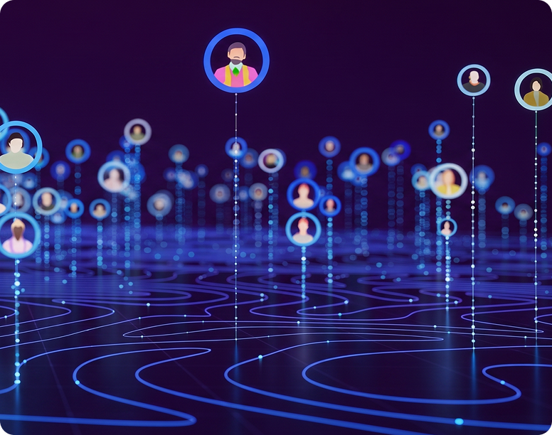 Digital illustration of a network of connected user profiles, with glowing blue circular avatars floating above wavy blue connection lines on a dark purple background.