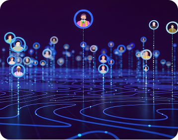 Digital illustration of a dark purple and blue network with floating user profile icons connected by glowing blue lines and wave patterns on a reflective surface.