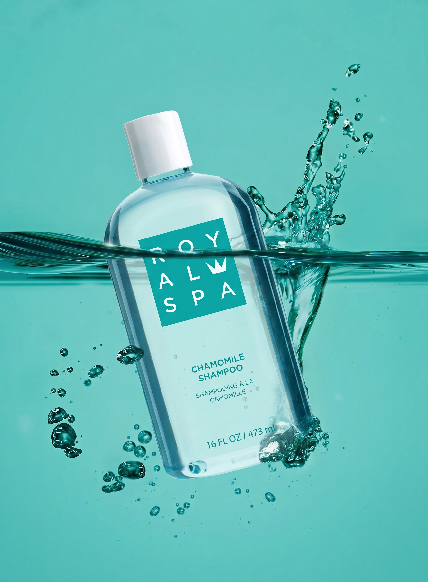 Bottle of Roy All Spa Chamomile Shampoo with water splash on a teal background
